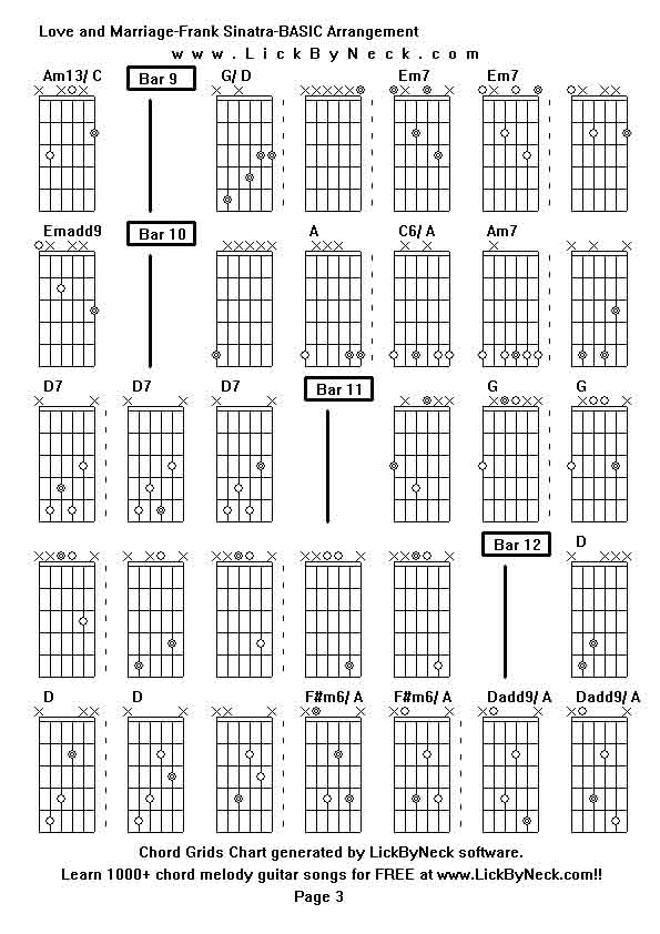 Chord Grids Chart of chord melody fingerstyle guitar song-Love and Marriage-Frank Sinatra-BASIC Arrangement,generated by LickByNeck software.